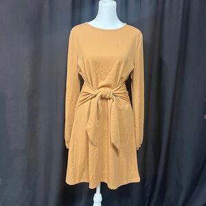 NWT- Tan Long Sleeve Dress with Tie Front, size medium